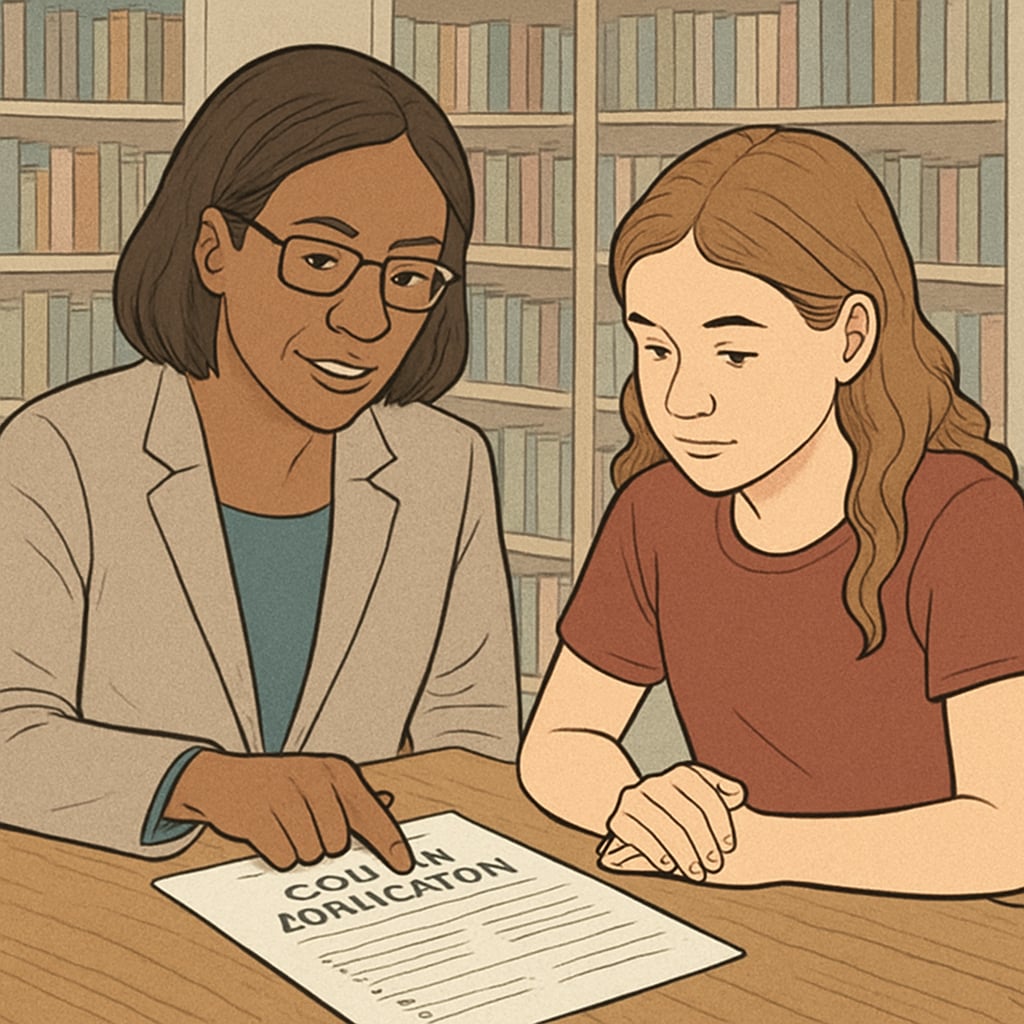 A high school counselor reviewing a college application with a student in a library setting. high school counselor reviewing college application with student