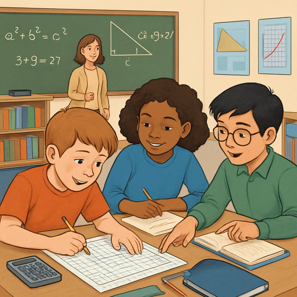 A classroom setting where students are engaged in a collaborative math project, showcasing real-world applications of mathematical concepts. Students collaboratively working on a math project demonstrating real-world applications of mathematics education.
