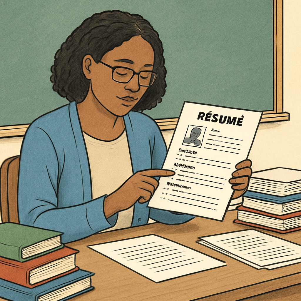 A teacher reviewing a resume formatted for Canadian standards, showcasing inclusivity and adaptability. Canadian-style resume formatting with inclusivity focus.