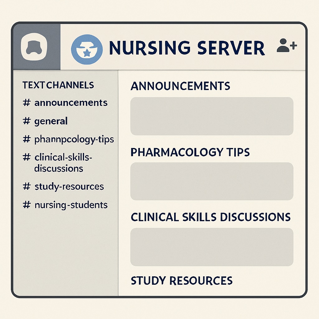 A screenshot of a nursing-focused Discord server, showing topic-specific channels such as Nursing students discussing pharmacology and clinical skills in a Discord group.