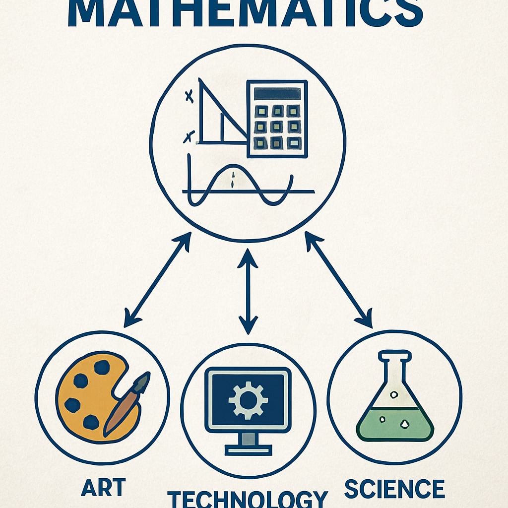 A creative infographic showing the interdisciplinary connections of mathematics with fields like art, technology, and science. Infographic illustrating interdisciplinary connections of mathematics with art, technology, and science.