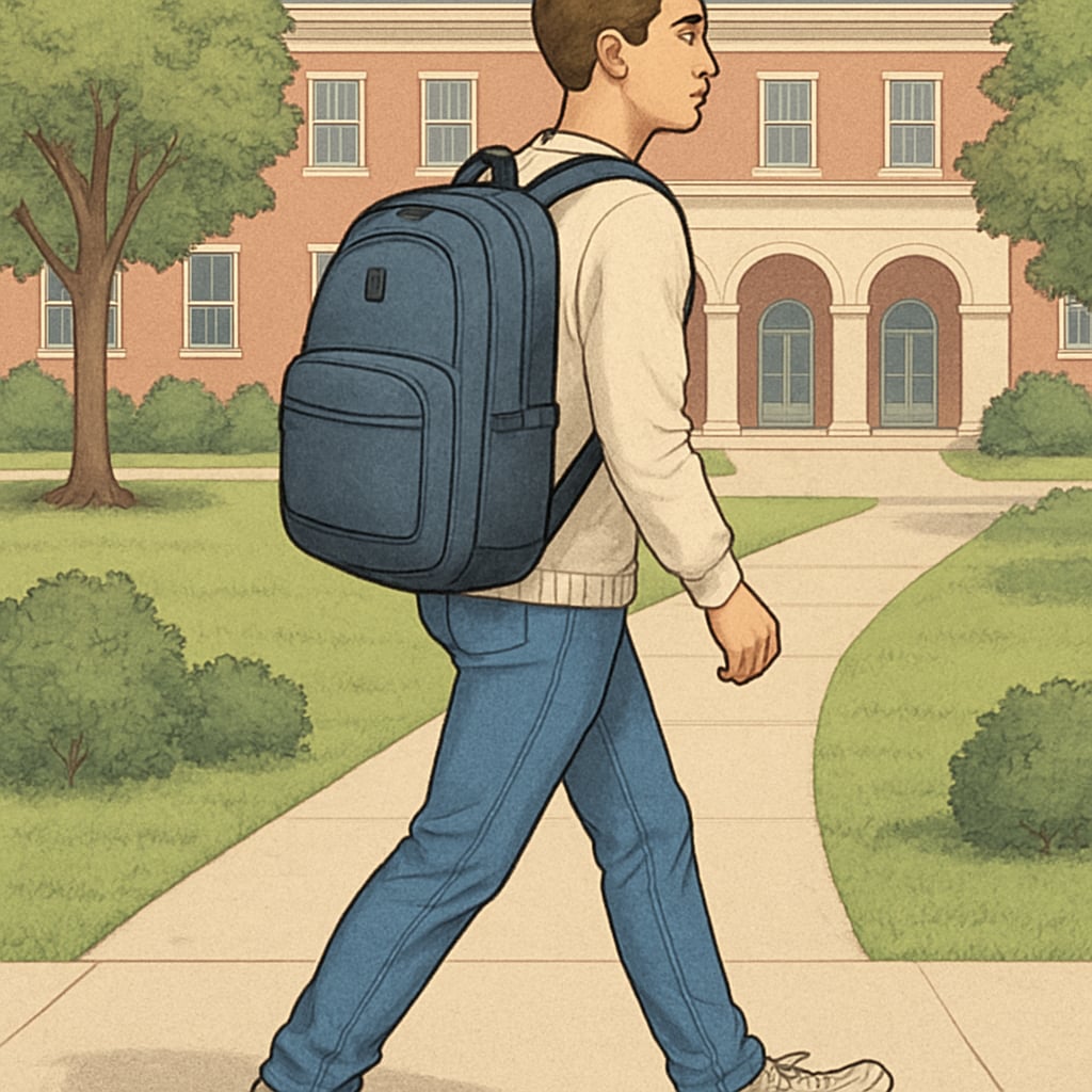 A college student walking on campus with a modern, spacious backpack. A college student carrying an affordable and spacious college bag on campus.