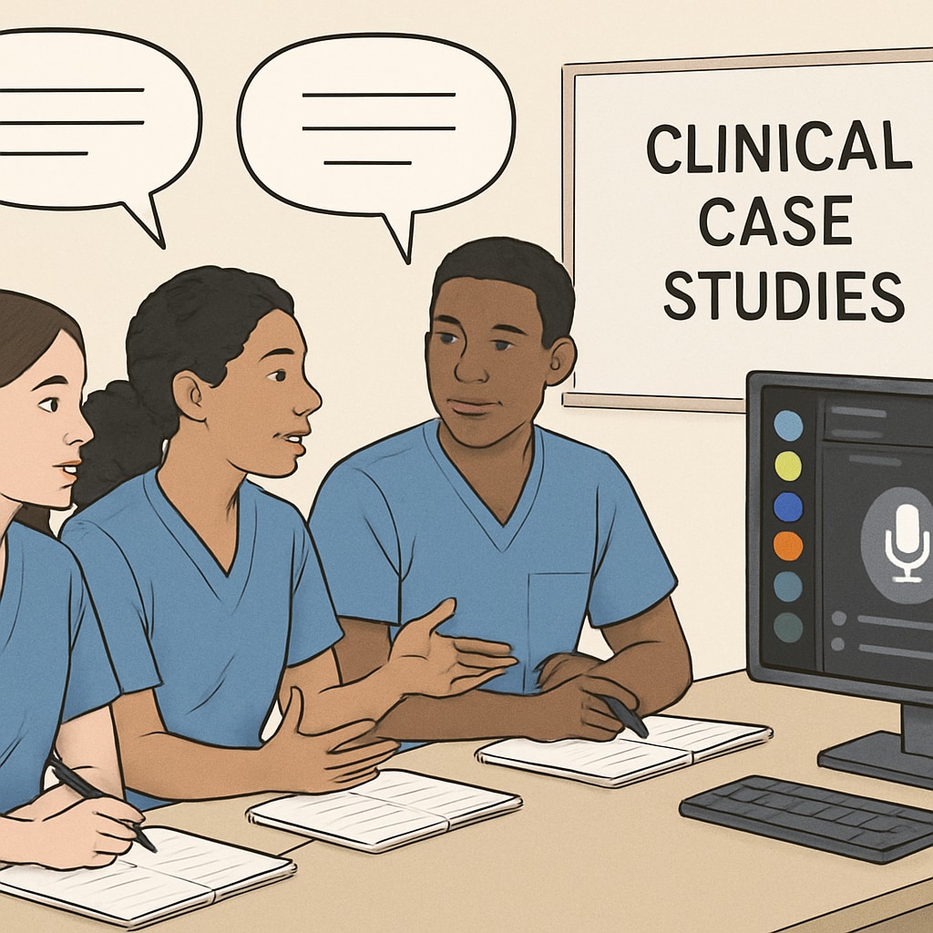 A group of nursing students engaging in a live voice chat session on Discord, discussing clinical case studies. Nursing students in a live Discord voice chat discussing case studies.