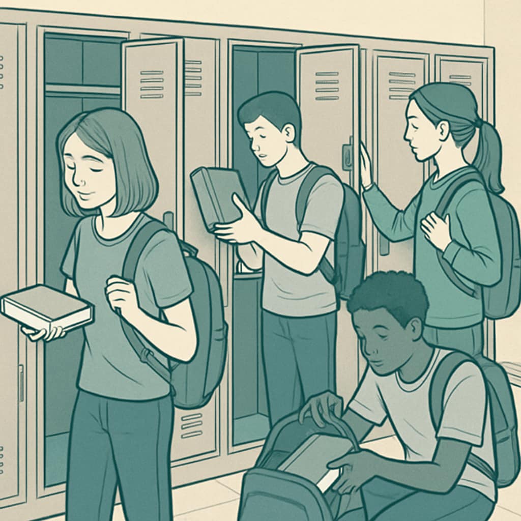 A group of students using lockers to reduce the weight of their backpacks. Students using lockers to minimize the need for heavy college bags.