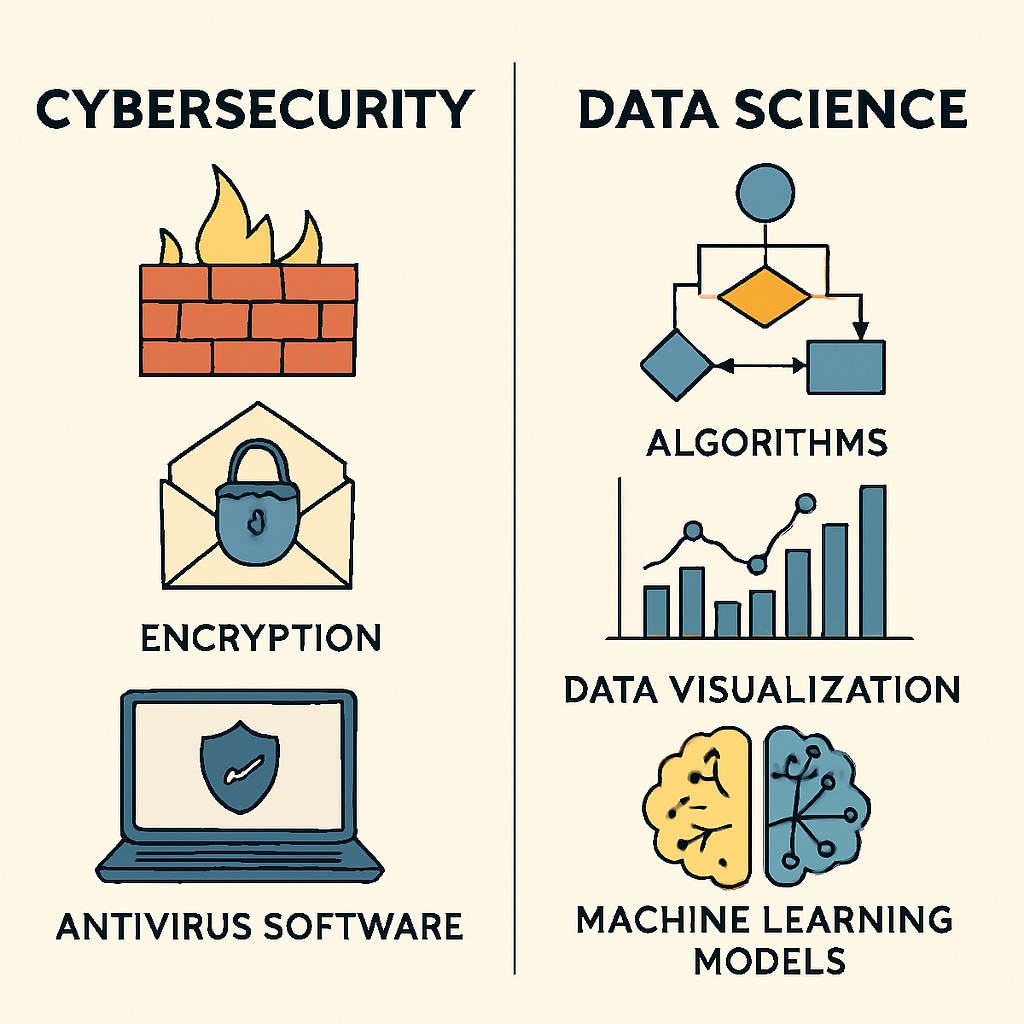 A visual representation comparing cybersecurity with data science, showcasing their unique tools and methods. Cybersecurity vs Data Science tools comparison