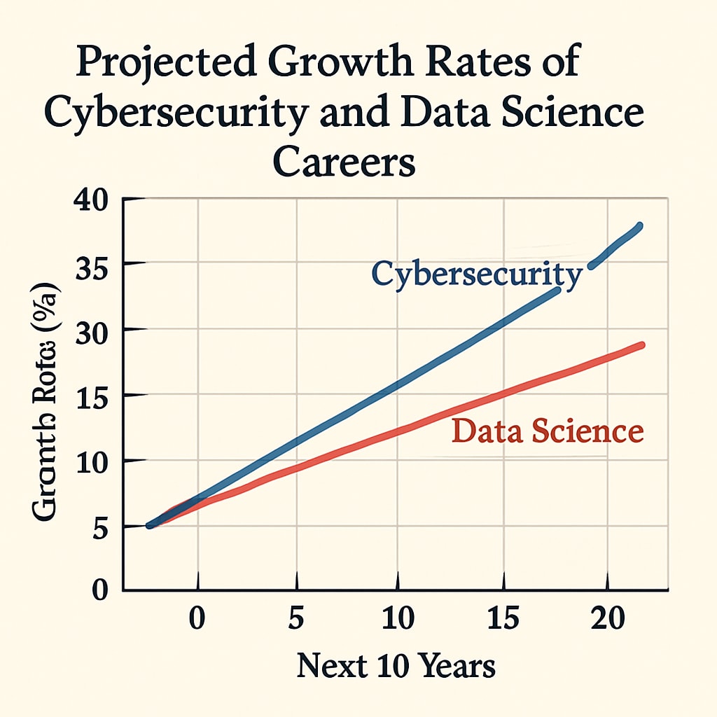 A graph depicting the projected growth rates of cybersecurity and data science careers over the next decade. Career growth trends for cybersecurity and data science
