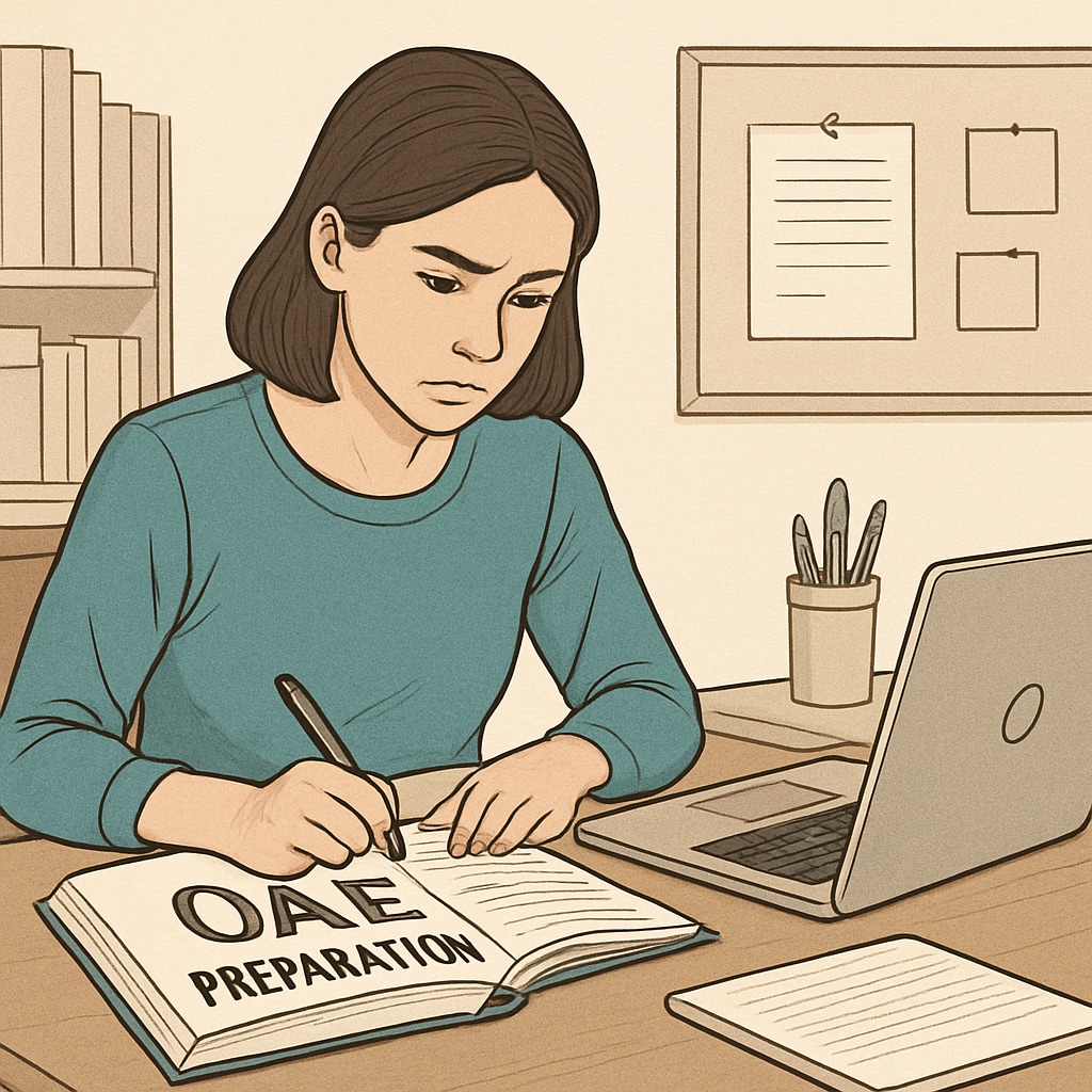 OAE exam prep materials and a student studying to overcome exam anxiety.
