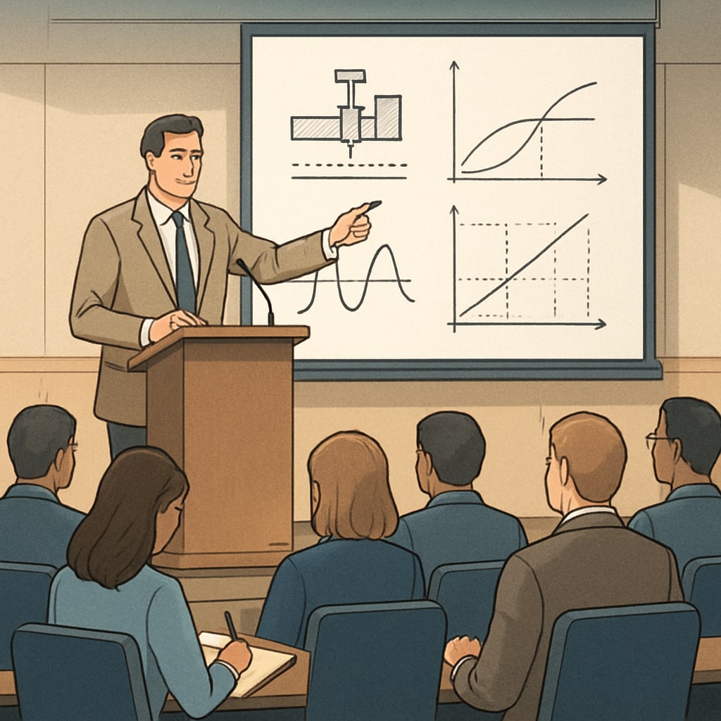 An engineering professional presenting a research paper to colleagues in a conference setting. An engineering professional presenting research findings related to MSc degrees and career prospects in design engineering.