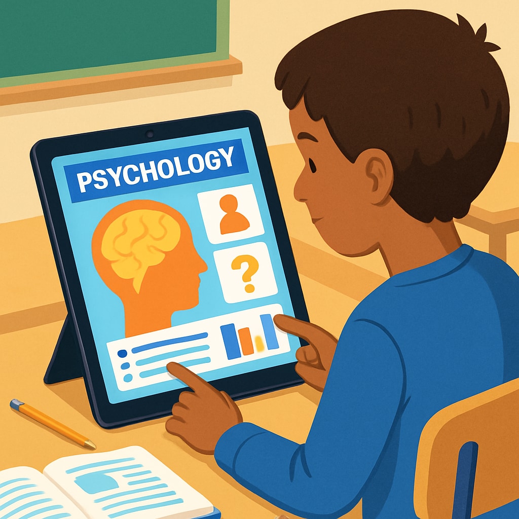 A student using a tablet to explore an interactive psychology app. A young student learning psychology through an app, showcasing non-academic resources.