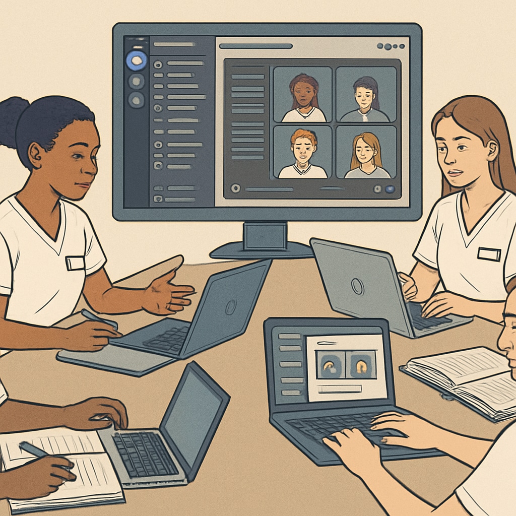 A group of nursing students engaging in a virtual study session on Discord, showcasing collaboration and resource sharing. Nursing students in a virtual study session on Discord.