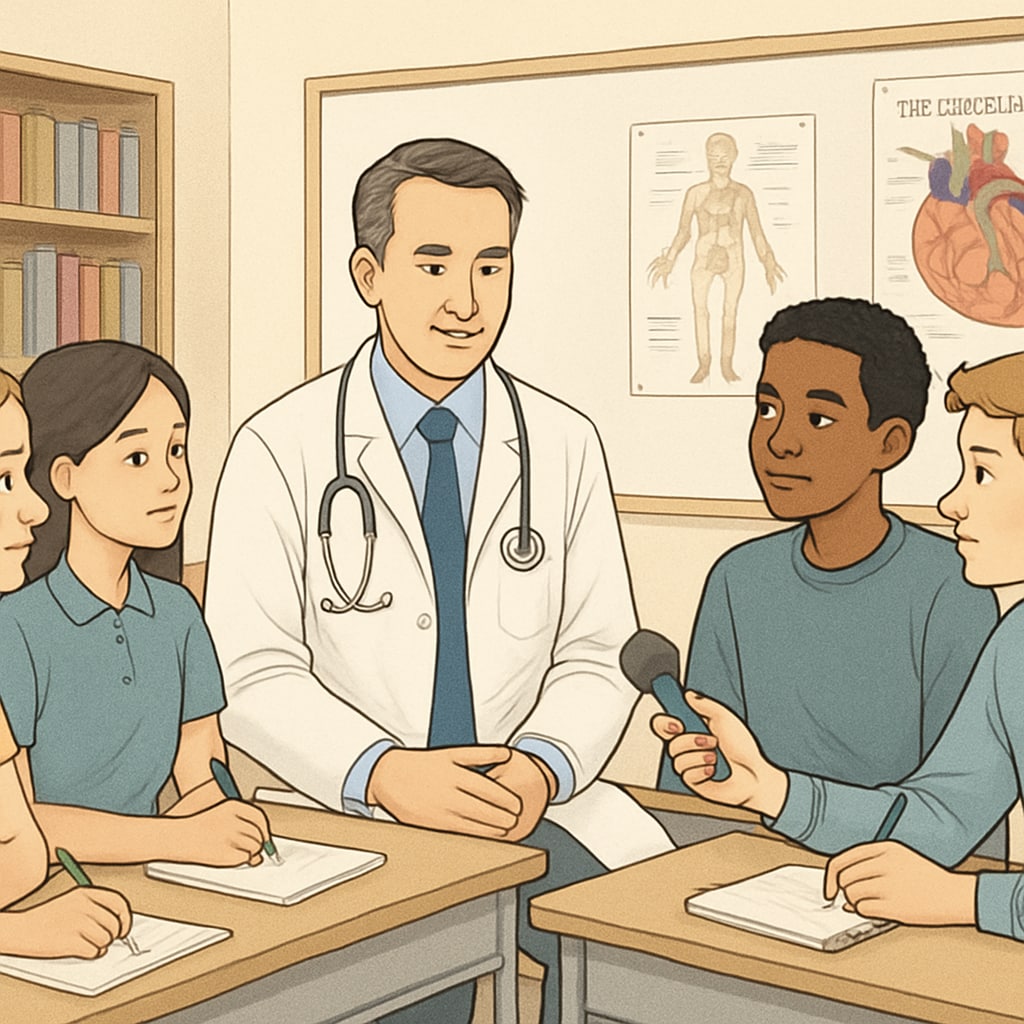 A group of high school students conducting an interview with a doctor in a classroom setting, showcasing engaged learning. Students interviewing a doctor, discussing medical careers in a school project setting.