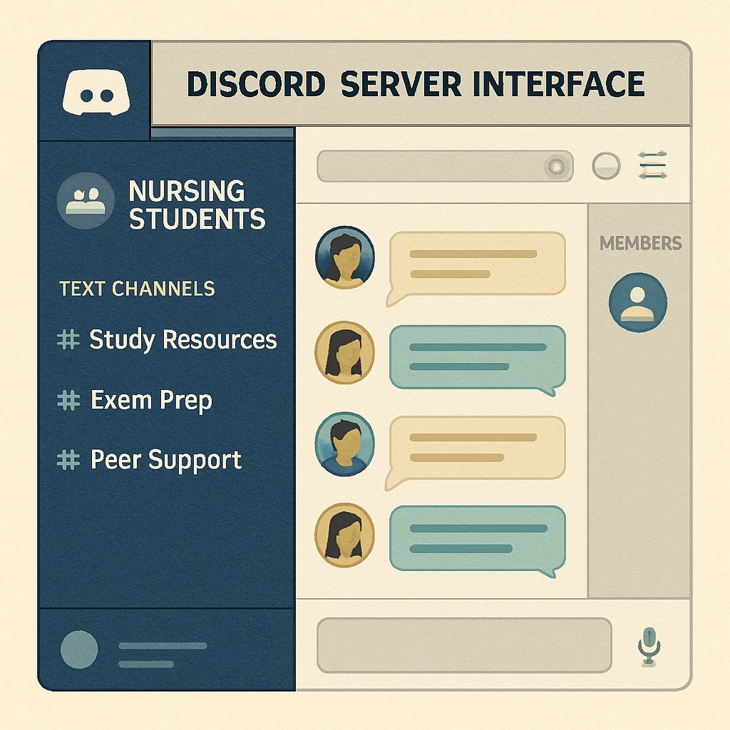 A screenshot of a Discord server interface with categories like “Study Resources,” “Exam Prep,” and “Peer Support,” highlighting its organization and usefulness for nursing students. Discord server interface for nursing students with organized categories.