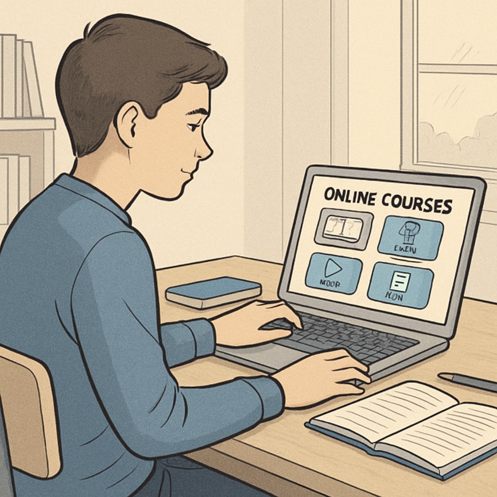 A high school student using a laptop at a desk, browsing an educational platform. A student exploring online educational courses and resources for extracurricular learning.
