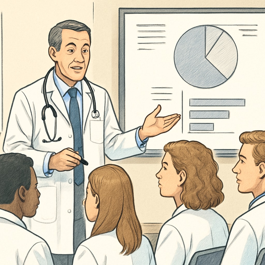 A doctor speaking to a group of students during an interactive seminar, emphasizing the collaborative nature of the project. Doctor sharing insights on medical careers with students during a school workshop.