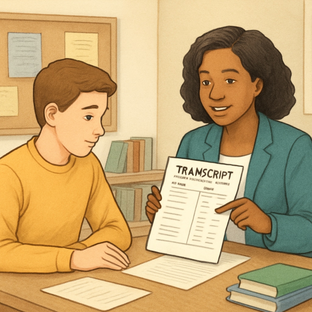 A high school student reviewing their transcript with a counselor in a classroom setting. High school student addressing credit deficiency with a counselor.