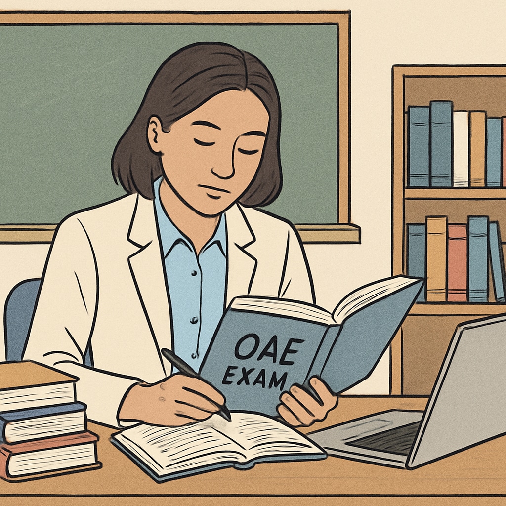 A calm and focused teacher sitting at a desk studying materials for the OAE exam, with books and a laptop nearby. Teacher preparing for the OAE exam to overcome exam anxiety.