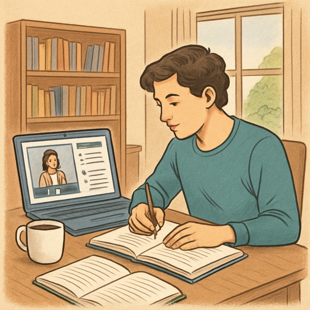 A student working on an online course at home, with notebooks and a laptop on a desk. Student recovering high school credits through online learning.
