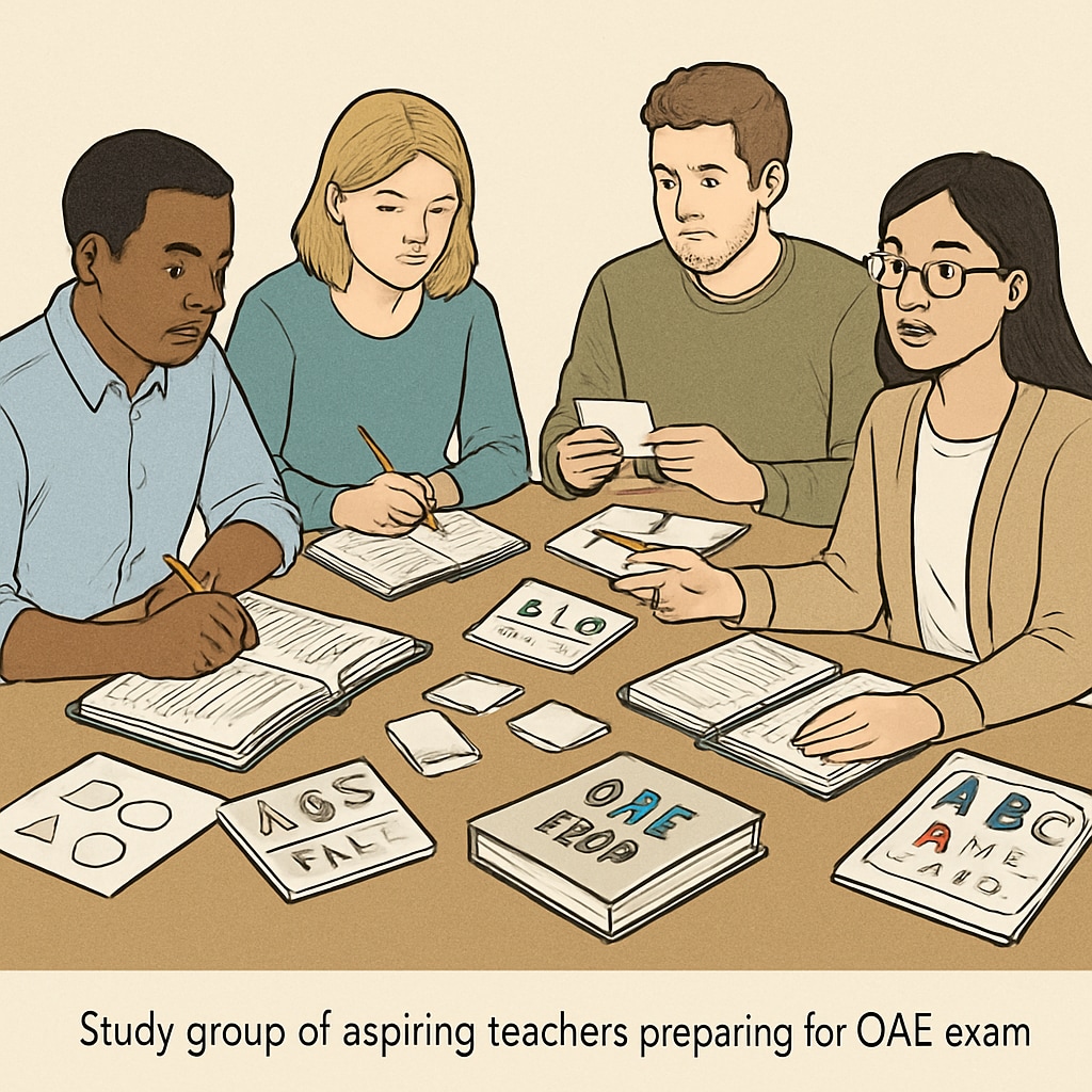 A study group of aspiring teachers collaborating with notebooks and flashcards to prepare for the OAE exam. Study group working together to prepare for the OAE teacher licensure exam.