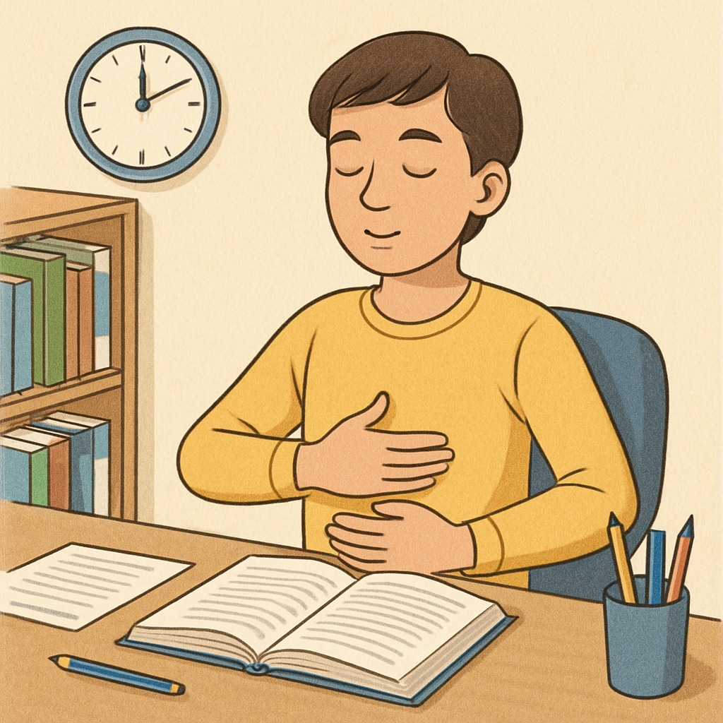 Student using relaxation techniques to manage math exam stress.