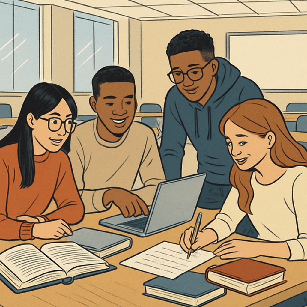 A group of diverse students collaborating on a project in a modern classroom. Students working together in a study group at the University of Houston.