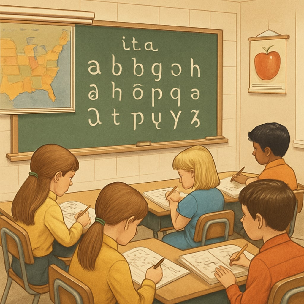 A classroom in the 1970s displaying the Initial Teaching Alphabet on a chalkboard, with students practicing the unique symbols. Classroom using Initial Teaching Alphabet in 70s education.