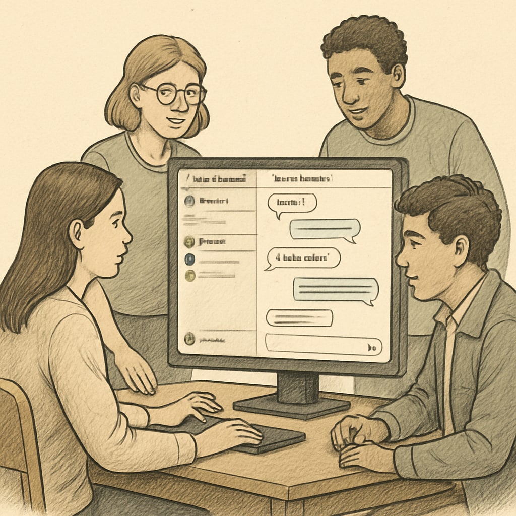 A group of students using a digital platform like Discord for collaborative learning, with visible text chats and voice channels. Students collaborating on Discord in a K12 learning community inspired by the University of Houston.