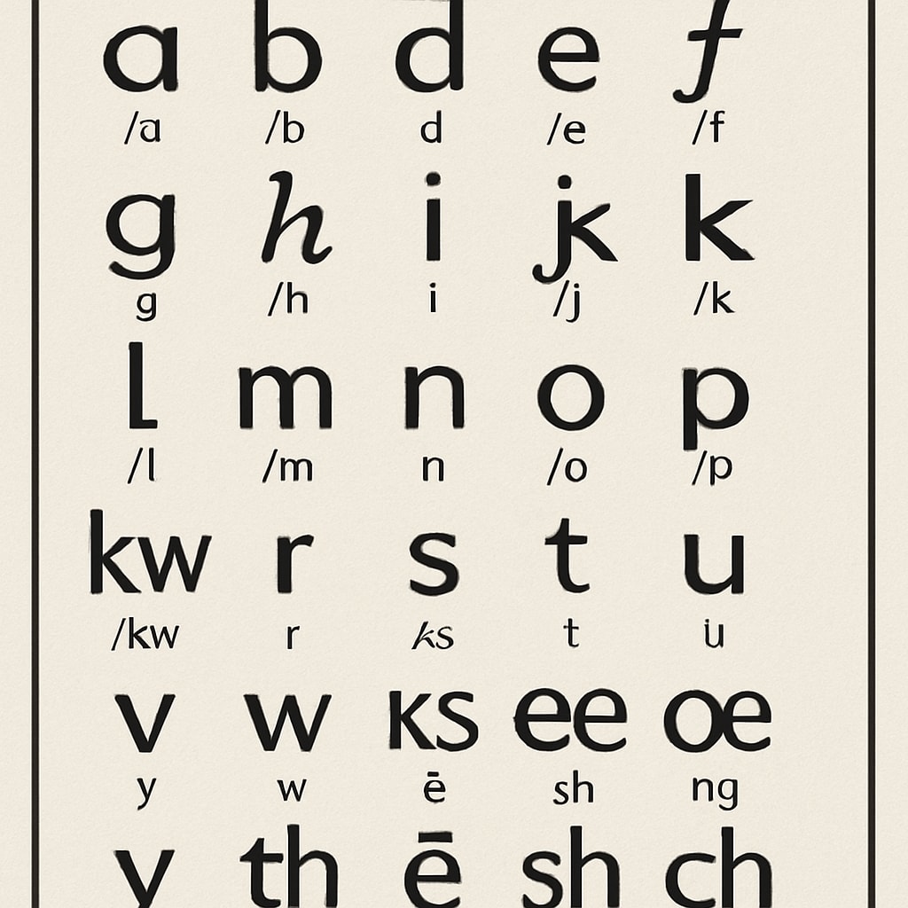 An example of the Initial Teaching Alphabet chart showing its 44 unique symbols alongside their corresponding sounds. Initial Teaching Alphabet chart and symbols with sounds.