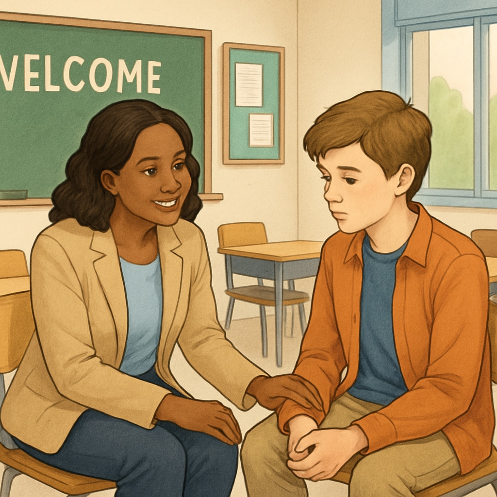 A counselor speaking with a student in a school setting, emphasizing the importance of student support. A school counselor assisting a young student, showcasing student support services.