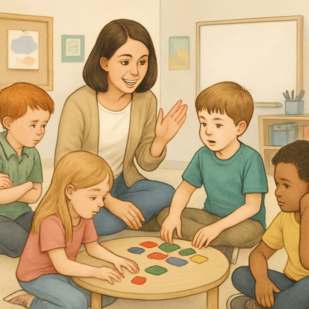 A teacher assistant interacting with a group of autism spectrum children in a classroom setting, demonstrating patience and engagement. Teacher assistant engaging with autism spectrum children in a classroom.