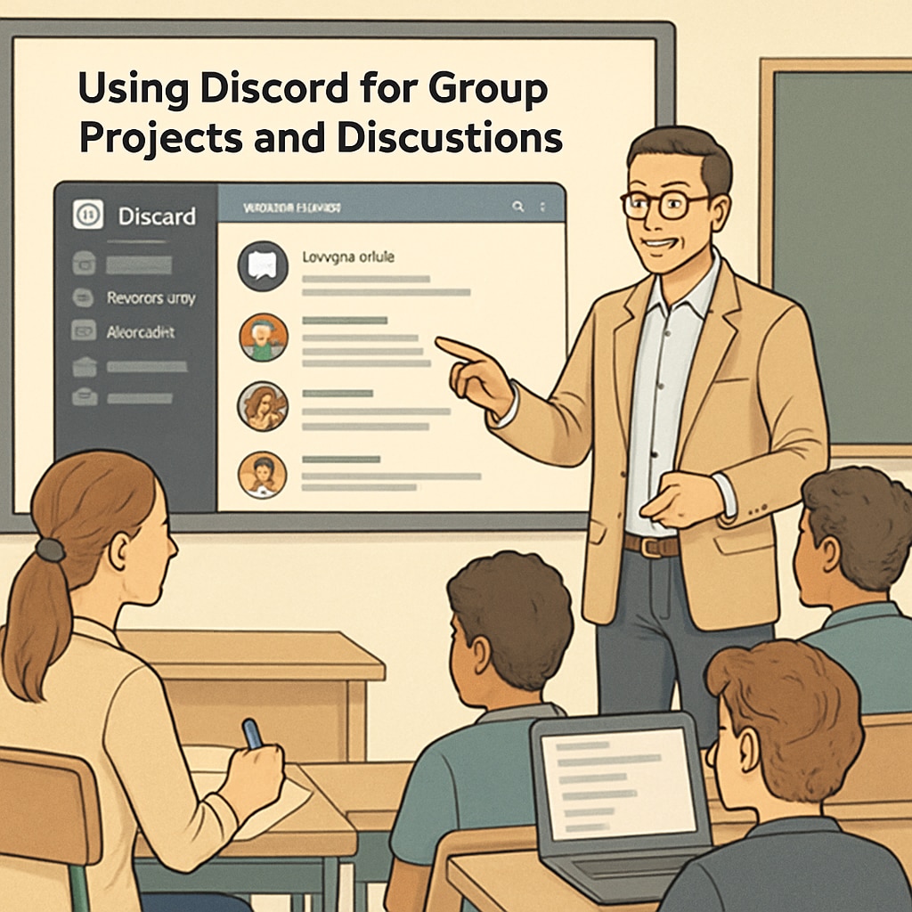 An educator demonstrating Discord features to students in a classroom setting, showcasing its use for group projects and discussions. Teacher showing students how Discord can enhance learning communities, referencing the University of Houston.
