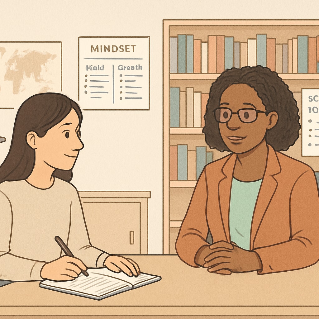 A graduate student conducting an interview with a school counselor in a quiet office setting. Graduate student interviewing a school counselor for educational research purposes.