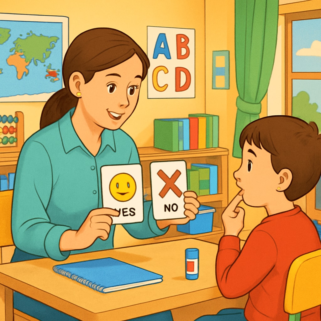 A teacher assistant using visual aids to communicate with an autism spectrum child in a colorful classroom environment. Teacher assistant using visual aids with an autism spectrum child.