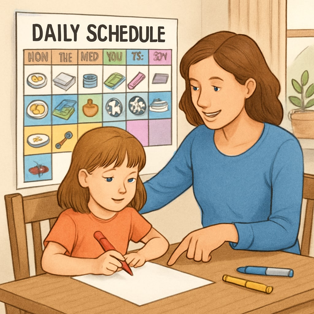 A photo of a parent and child working together on a colorful daily schedule at home. A parent and child creating a visual routine schedule, emphasizing executive function support.
