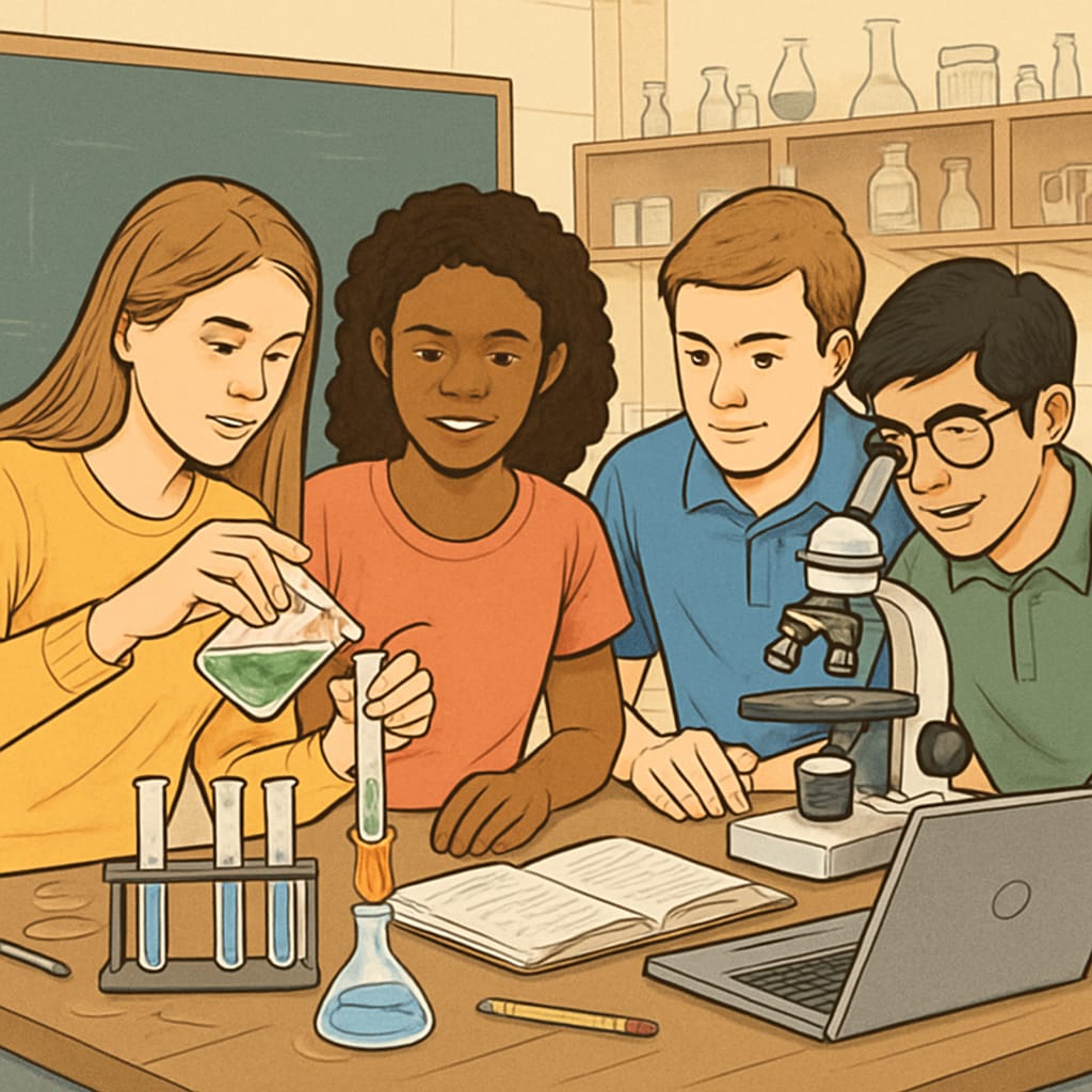 High school students engaged in a STEM lab activity, symbolizing improved college readiness initiatives. High school students in a STEM lab activity highlighting college readiness.