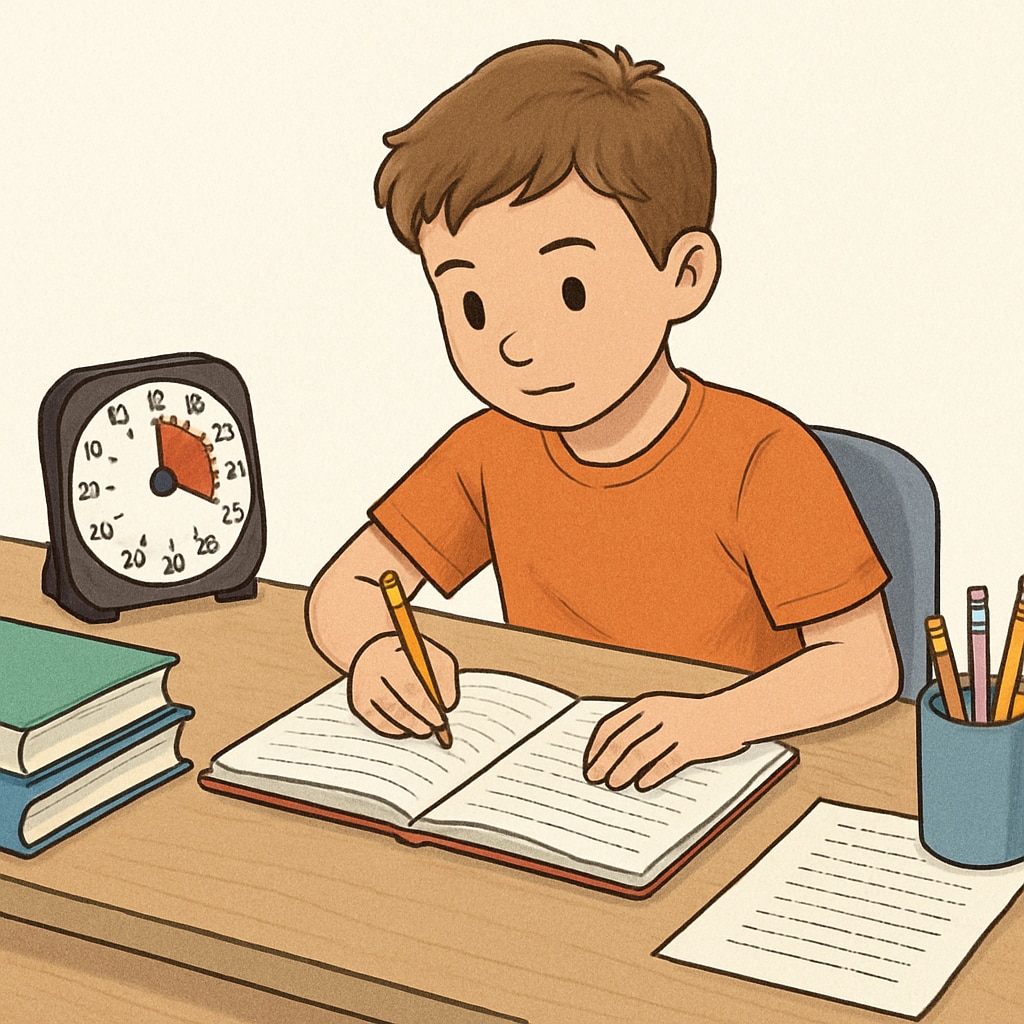 An image of a child using a visual timer while doing homework, illustrating time management strategies. A child using a visual timer for homework, demonstrating time management tools for ADHD and ASD.
