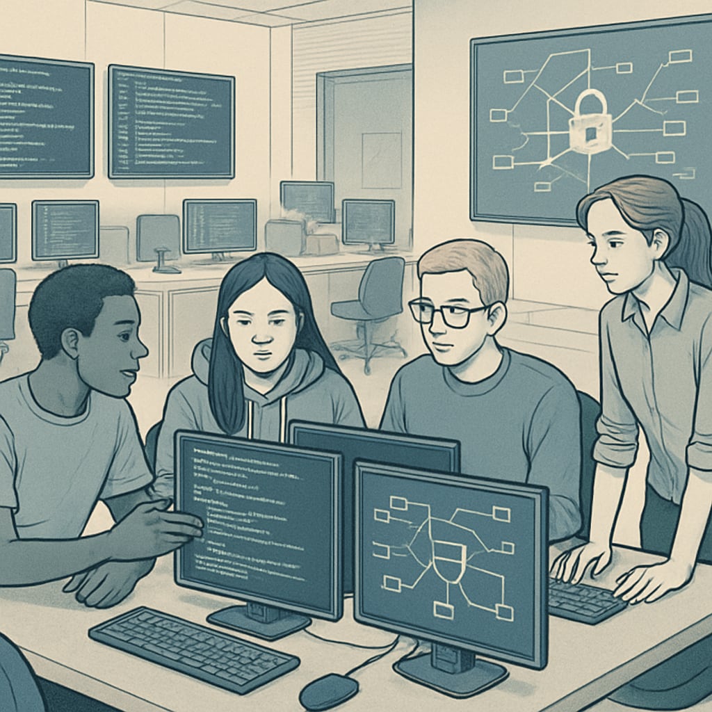 A group of cybersecurity students working on a simulated hacking exercise in a lab setting. Cybersecurity students engaging in a hacking simulation exercise.