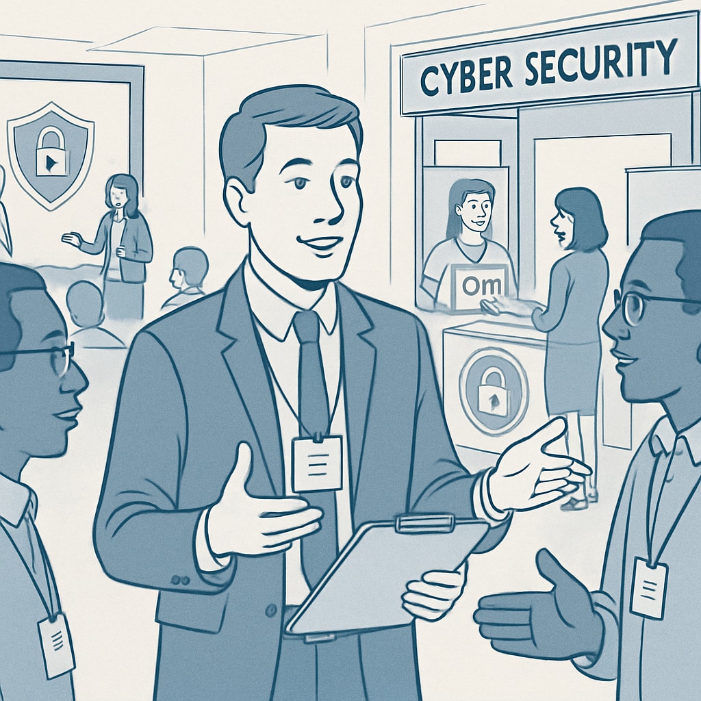 A professional attending a cybersecurity conference and networking with peers. Cybersecurity professional networking at an industry event.