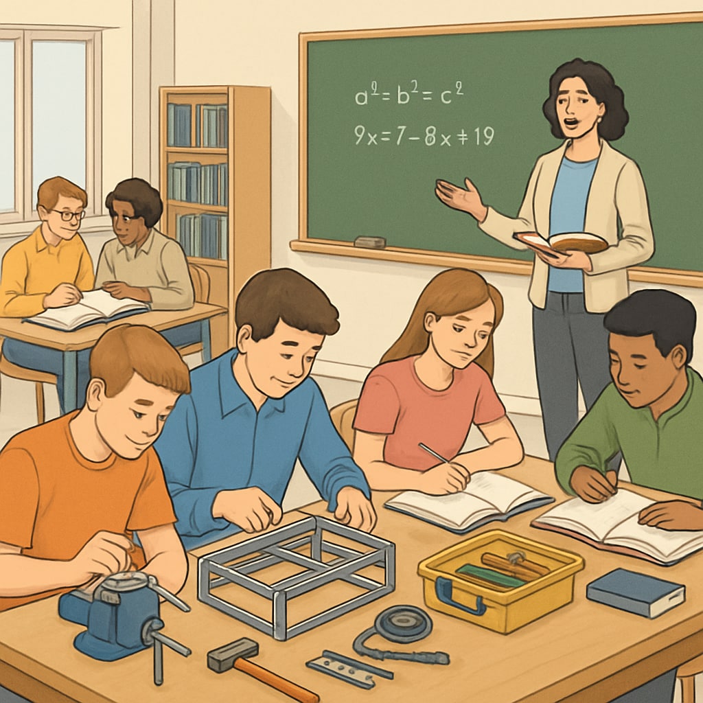 A classroom showing students working on both technical projects and traditional academic subjects, symbolizing the integration of vocational and academic learning. Students integrating vocational and traditional academic learning in a classroom setting.