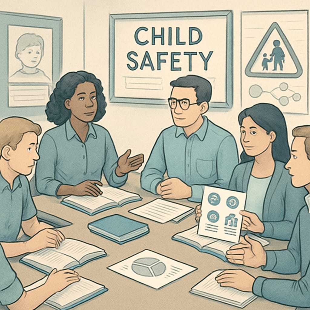 A group of parents and educators collaborating on child safety initiatives. Parents and educators working together for community safety.