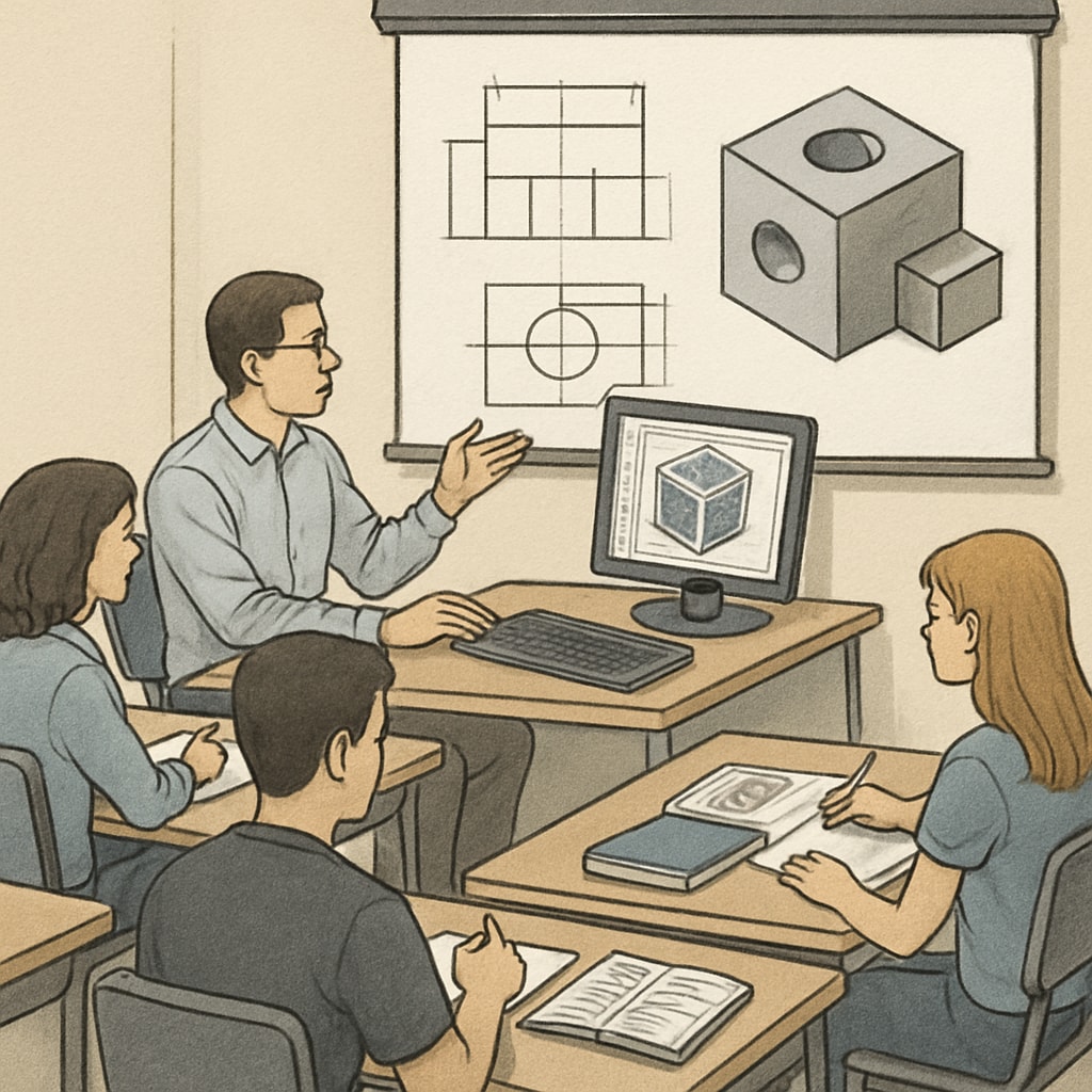 A classroom setting where a teacher uses engineering tools, such as a CAD software, to teach students about design principles. Teacher using engineering tools to teach design principles in a classroom setting.
