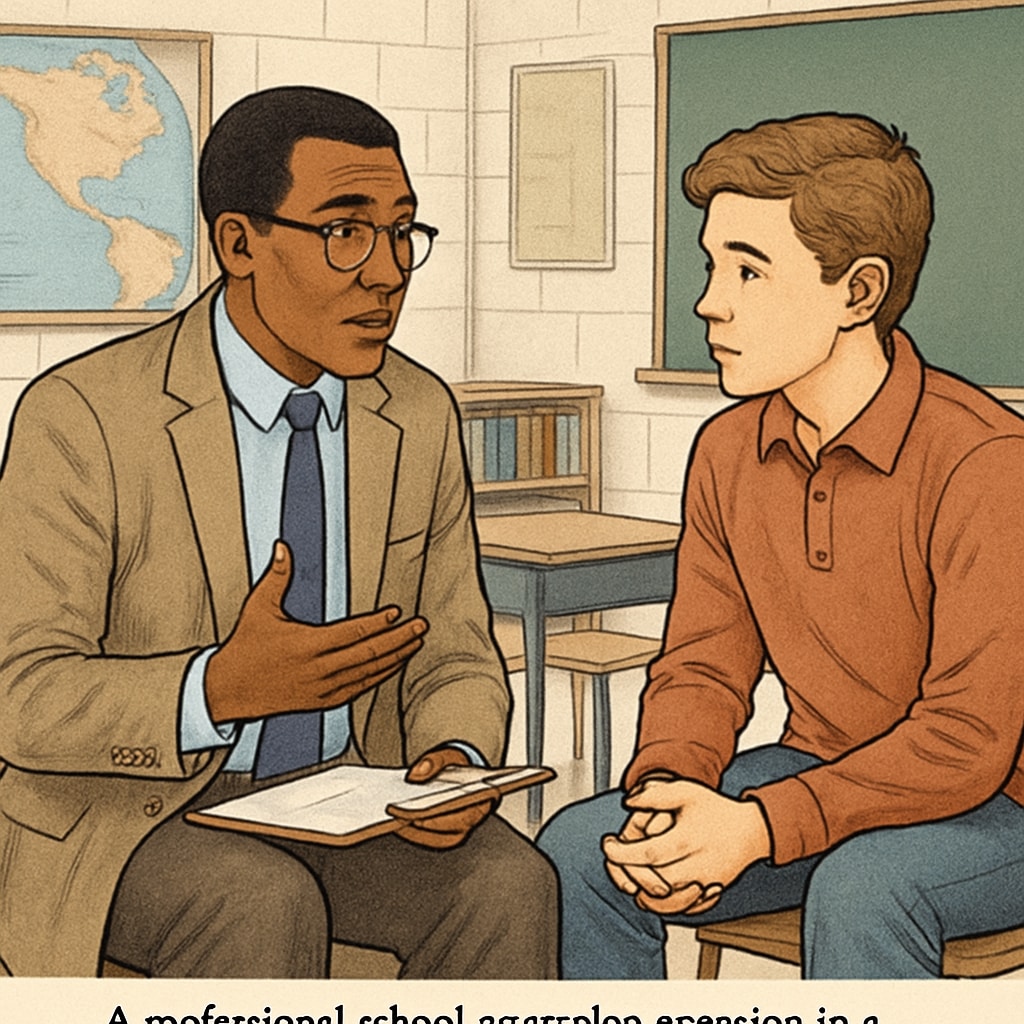 A school counselor speaking with a student in a classroom setting, representing the practical aspect of counseling in education. School counselor assisting a student in a classroom setting