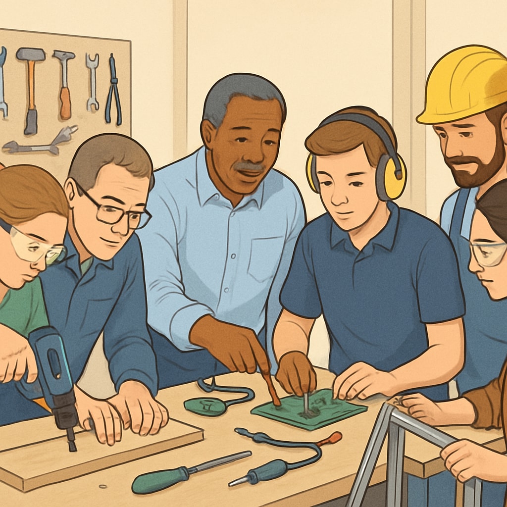 A vocational workshop where students are being mentored by professionals, showing the real-world application of integrated education. Vocational workshop with students and professionals demonstrating integrated learning.