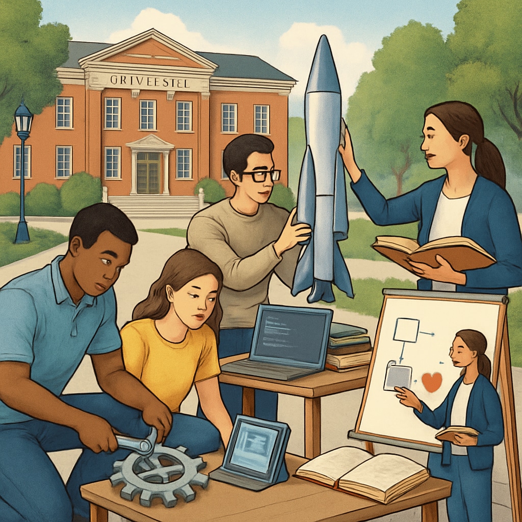 A university campus with students working collaboratively on engineering and education-related projects. Students working on engineering and education projects at a university campus.