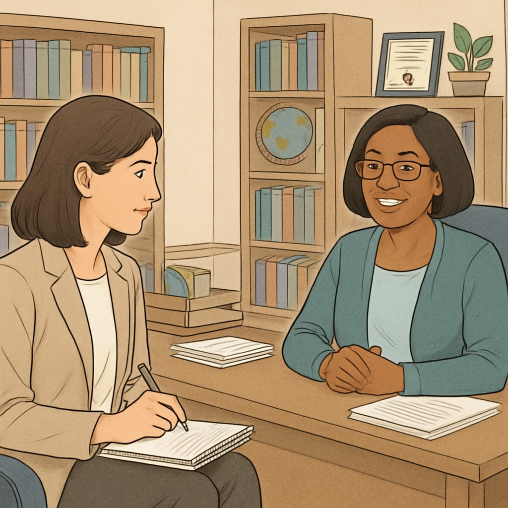 A graduate student conducting an interview with a school counselor in an office setting, showcasing academic exploration. Graduate student interviewing a school counselor in an office setting