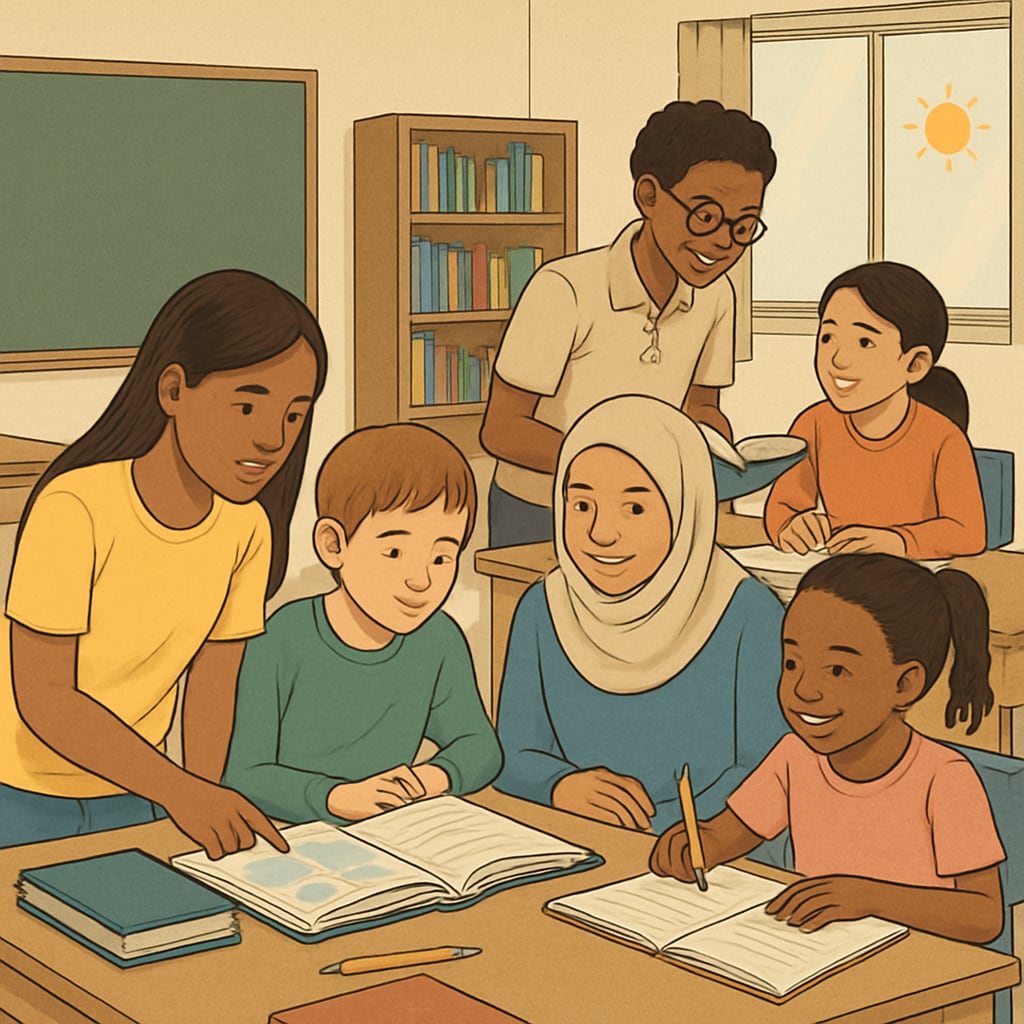 A diverse group of students in a year-round school setting, symbolizing educational equity and inclusivity. A group of diverse students in a year-round school, promoting equity.