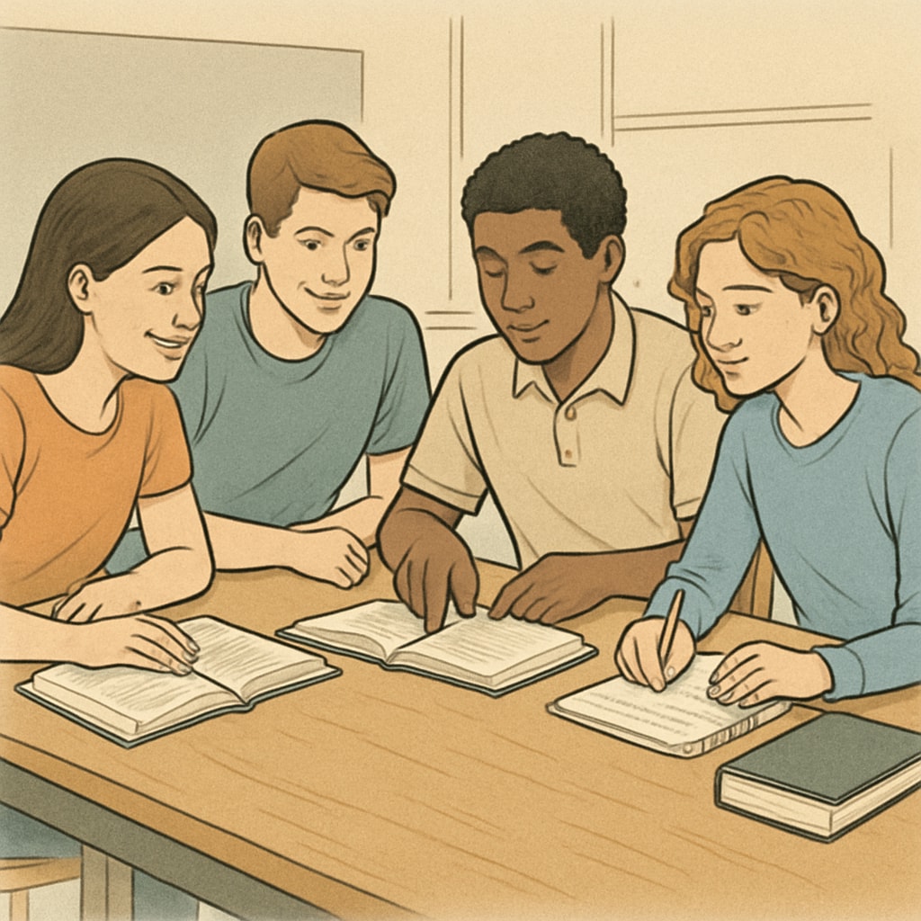 A group of teenagers engaged in a collaborative learning activity, showcasing teamwork and motivation. Teenagers collaborating in a learning environment to promote teamwork and motivation.