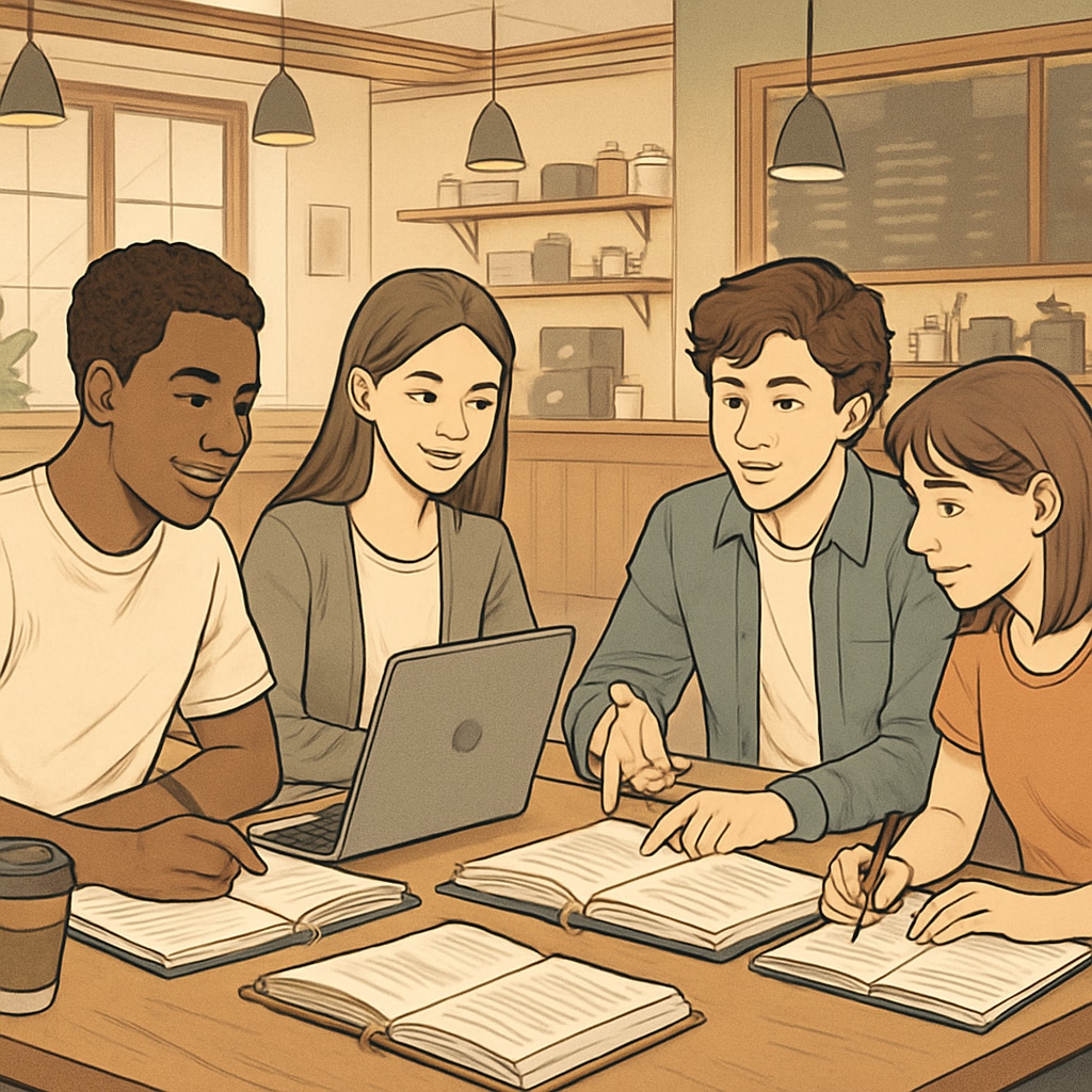 A group of high school students working in a coffee shop while discussing schoolwork. The image highlights teamwork and a balance of work and studies. High school students balancing part-time jobs and academic priorities in a coffee shop.