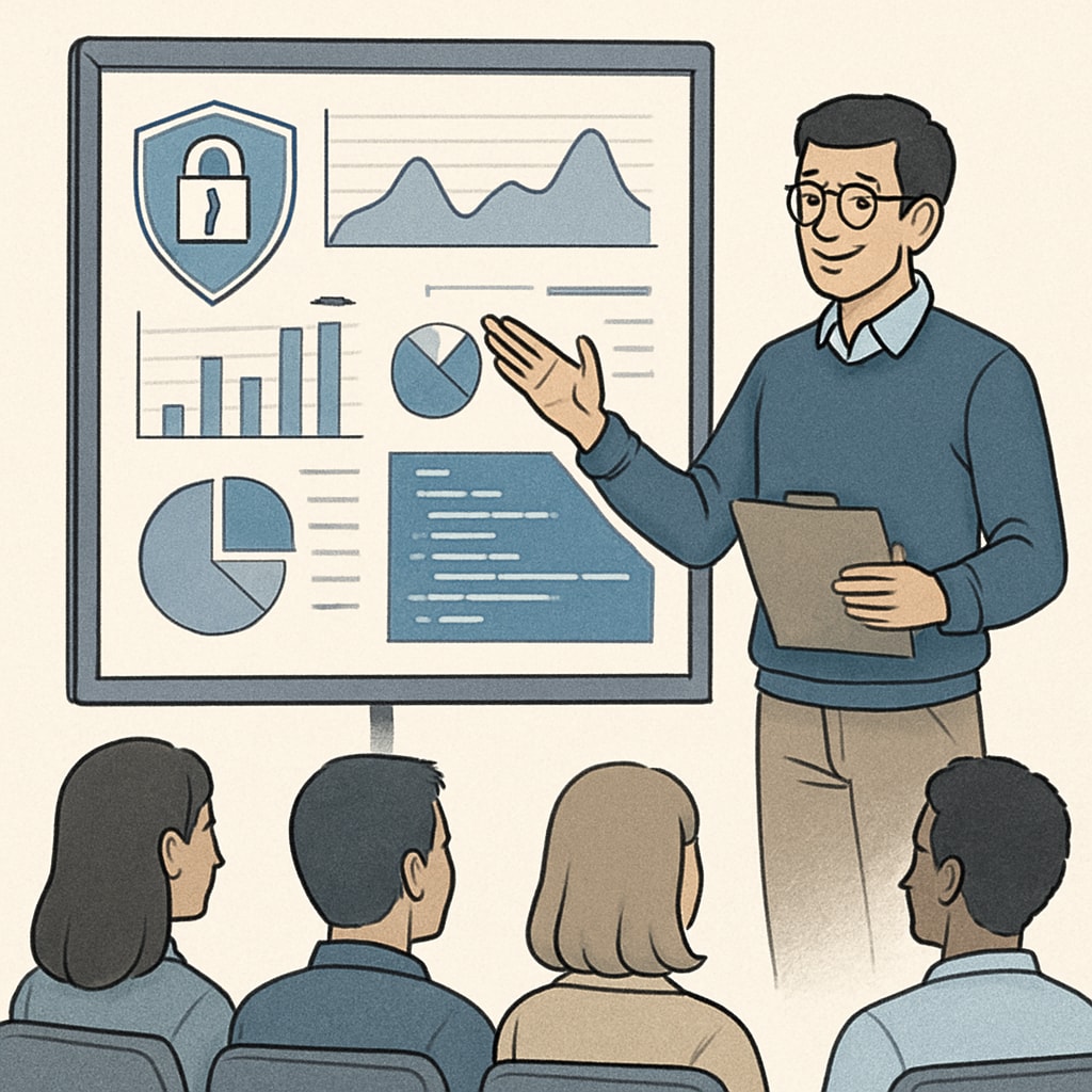 A cybersecurity student presenting findings during a hackathon event, showcasing real-world problem-solving skills. Cybersecurity student presenting during a hackathon, emphasizing the importance of hands-on experience.