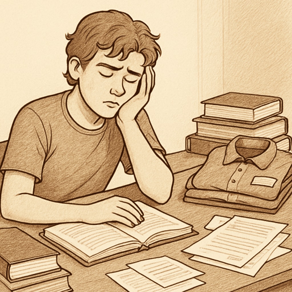 A tired teenager sitting at a desk cluttered with textbooks and a work uniform. The image illustrates the potential challenges of balancing work and studies. A teenager struggling with the balance between part-time work and academic responsibilities.