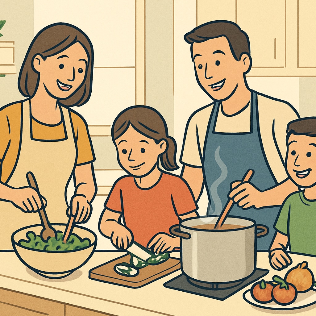 A family engaging in a group activity, such as cooking or exercising, emphasizing healthy routines and bonding. A family participating in healthy group activities to encourage bonding and discipline.